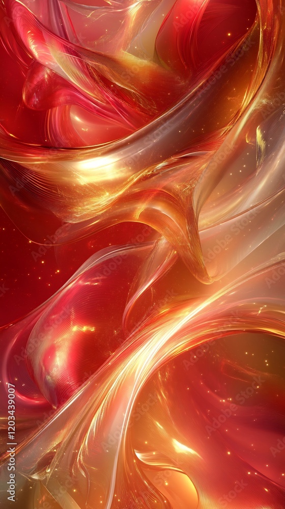 Poster abstract flowing red gold curves with soft fluid lines and gradient colors creating a vibrant digita
