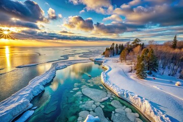 Fototapeta premium Frozen Lake Huron: Aerial drone photography captures breathtaking winter landscapes and icy shorelines.