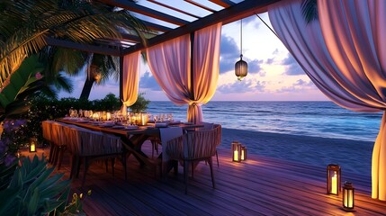 Fototapeta premium romantic beachfront dinner sunset scene - warm lighting