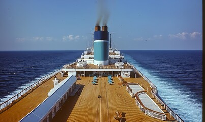 A 1960s cruise ship features white streamlined upper decks with teak wood and two blue funnels in the sunlight