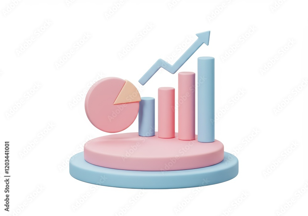 Aufkleber a 3d illustration of a circular platform featuring a pie chart and vertical bar graphs in pastel pin