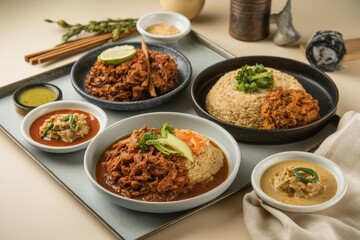 Delicious Asian Food Platter With Rice And Sauces