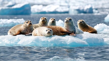 Naklejka premium Group of harbor seals resting on a floating ice sheet in the cold Arctic ocean during a sunny day.