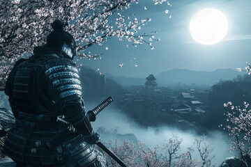 Fototapeta premium Legendary samurai depicted in dramatic battle scenes and serene landscapes