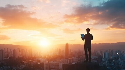 Obraz premium Urban Visionary, Entrepreneur on rooftop with tablet, overlooking city skyline, embodying startup leadership and innovation spirit