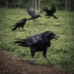 Obraz premium A crow leading a group in mid-flight.