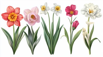 Obraz premium Beautiful variety of spring flowers blooming in vibrant colors and intricate details, ideal for gardening enthusiasts and floral art lovers