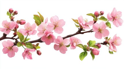 Cherry blossom branch in full bloom displaying vibrant pink flowers and fresh green leaves against a white background