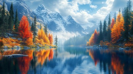 Obraz premium Autumn lake reflects vibrant trees and snowcapped mountains under bright sunlight. AI Generated