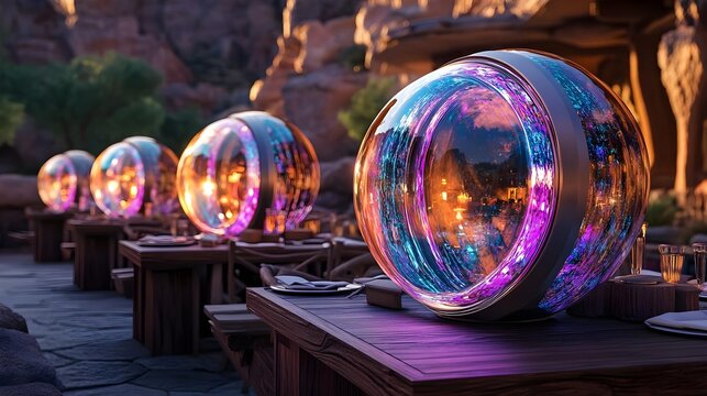 magical outdoor dining sphere lights - fantasy & surrealism