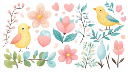 Colorful birds and floral illustrations create a cheerful springtime atmosphere