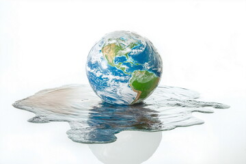 Melting earth model studio setting conceptual art environmental awareness close-up view climate change impact white background