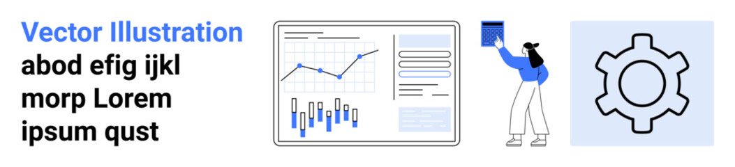 Computer screen displaying data charts, woman holding clipboard, gear icon symbolizing settings. Ideal for data analytics, business insights, management, user support, tech solutions, digital tools