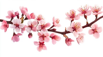 Fototapeta premium Delicate cherry blossom branch in full bloom showcasing pink flowers against a light background