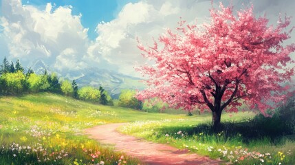 Fototapeta premium Vibrant spring landscape with blooming pink tree in a lush green field under a bright blue sky
