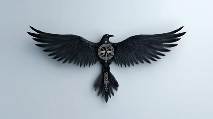 Naklejka premium Majestic black raven spreads wings wide against pale background subtly lit a powerful visual aesthetic. AI Generated