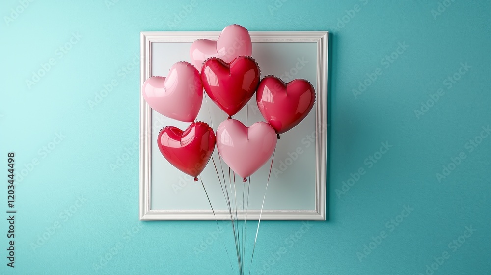 Poster colorful pink and red heart-shaped balloons float gracefully in front of a soft turquoise backdrop, 