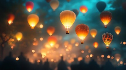 Fototapeta premium Festival of Lights, vibrant hot air balloons illuminating the night sky, creating a magical and enchanting atmosphere for all attendees