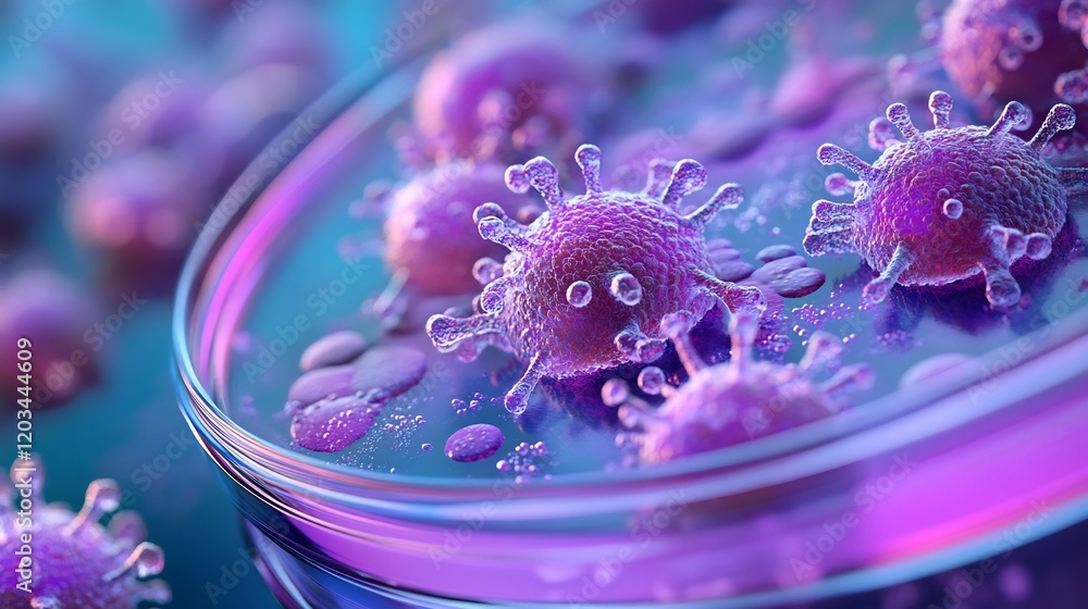 Poster abstract background featuring closeup of a petri dish with a purple colony of bacteria and viruses h