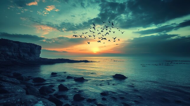 Colorful sunset with birds flying over calm water at a rocky coastline in a tranquil evening