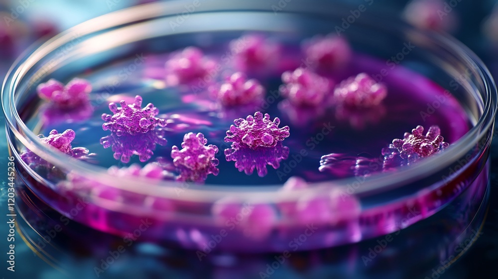 Poster abstract background featuring closeup of a petri dish with a purple colony of bacteria and viruses h
