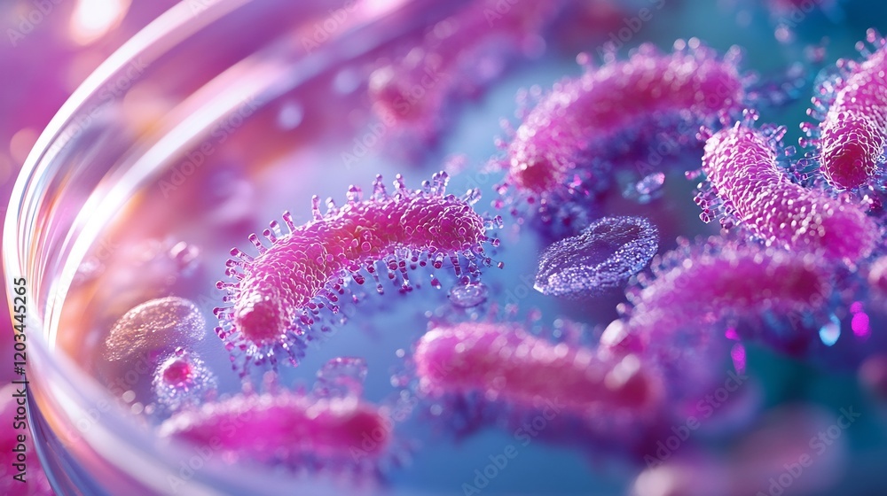 Poster abstract background featuring closeup of a petri dish with a purple colony of bacteria and viruses h