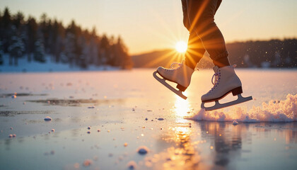Naklejka premium Lone skater gliding effortlessly on frozen lake at dusk, serene beauty