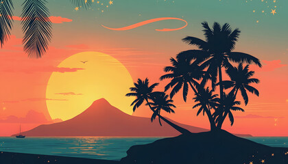 Tropical island paradise.Vintage poster background with palms silhouette, mindfulness theme, with white tones