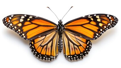 Fototapeta premium High-resolution top view of a Monarch butterfly (Danaus plexippus) on milkweed.
