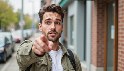 Naklejka premium Intrigued man pointing in urban setting, urban exploration