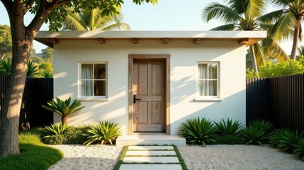 Fototapeta premium Serene Coastal Cottage with Private Garden Path and Lush Greenery