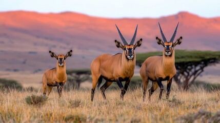 Obraz premium Sable antelope family at sunrise, African savanna. Wildlife photography for travel brochures