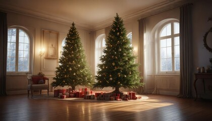 A majestic Christmas tree in a large, dimly lit room , holiday decorations, seasonal decor