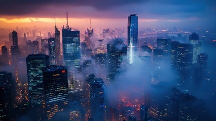 City skyline shrouded in mist during twilight, showcasing modern architecture and vibrant city lights