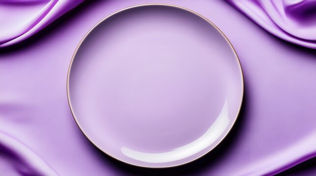 A stunning purple plate set against a soft lavender fabric, perfect for showcasing culinary elegance and table setting aesthetics in your dining experience.
