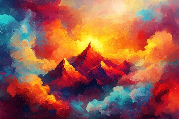 Colorful Abstract Mountain Landscape at Sunrise with Vibrant Clouds