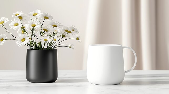 White Mug and Daisies in Black Vase on Marble Table