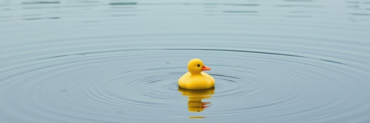 A lone yellow rubber duck bobbing up and down on a calm blue lake with water droplets forming ripples on its surface, aquatic scene, natural scenery, water ripples