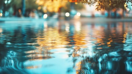 Beautiful park pond reflecting warm sunset colors in a tranquil setting with gentle ripples on the water surface