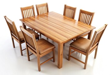 Isolated 3D render:  A rustic wooden dining table, surrounded by chairs, perfect for home décor and interior design projects.