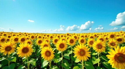 A vibrant field of sunflowers basking in the summer sun, under a bright blue sky dotted with fluffy white clouds