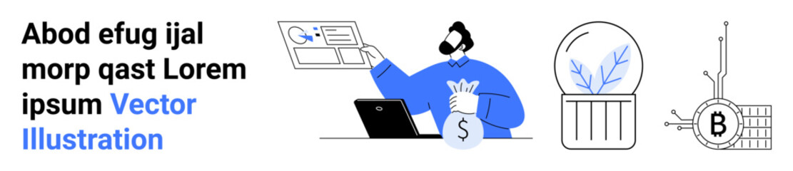 Person holding money bag and pointing to chart on laptop plant in beaker, Bitcoin logo connected to circuits. Ideal for finance, cryptocurrency, investment, tech, growth, business, data analysis