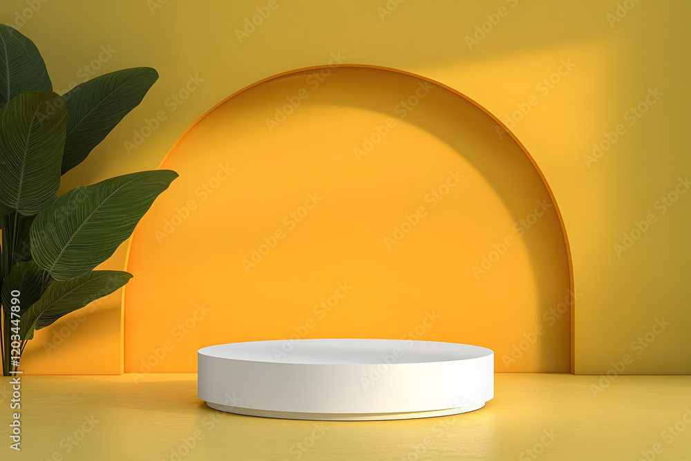 Aufkleber abstract pedestal of platform display with modern stand podium on yellow room background. blank exhi