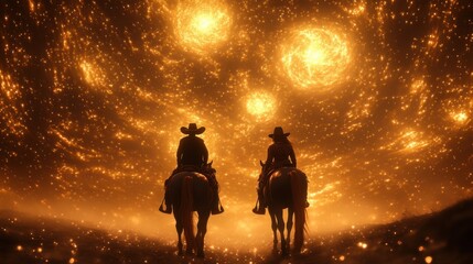 Fototapeta premium Cosmic adventure under starry skies with cowboys on horseback