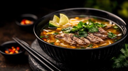 Fototapeta premium Delicious Beef Noodle Soup Warm Lighting Vibrant Colors. AI Generated