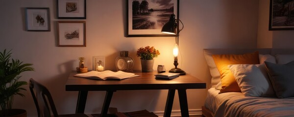 A cozy reading nook lit by a table lamp in a small house, detailed, tiny, table lamp