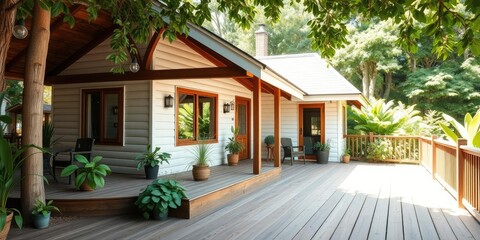 A cozy white cabin with a large wooden deck surrounded by lush plant life, natural materials, relaxed atmosphere