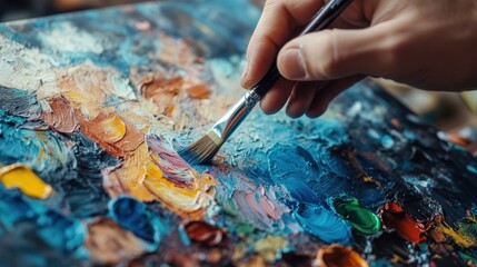 Creative artist paints vibrant colors on a textured canvas in a well-lit studio space with various paint tubes around