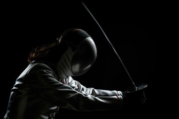 Professional fencer wearing protective gear holding foil in attacking stance