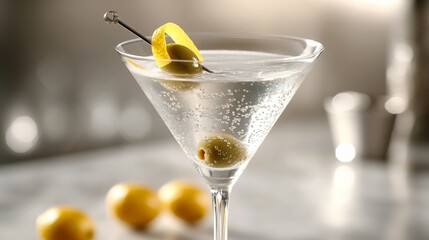 Martini mocktail in classic martini glass, showcasing the clear liquid, garnished with twist of lemon peel and an olive on a pick. Drink is set on minimalist bar counter with a soft bokeh background